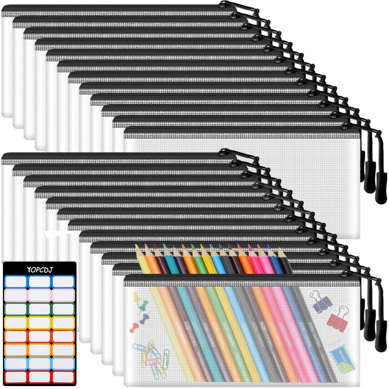 YOPCDJ 24pcs Mesh Zipper Pouch Bags 9.3 x 4.7 Inches, Black Small Clear Pouches Bulk, Travel Cosmetics Organization, Classroom and Office Supplies - Image 1